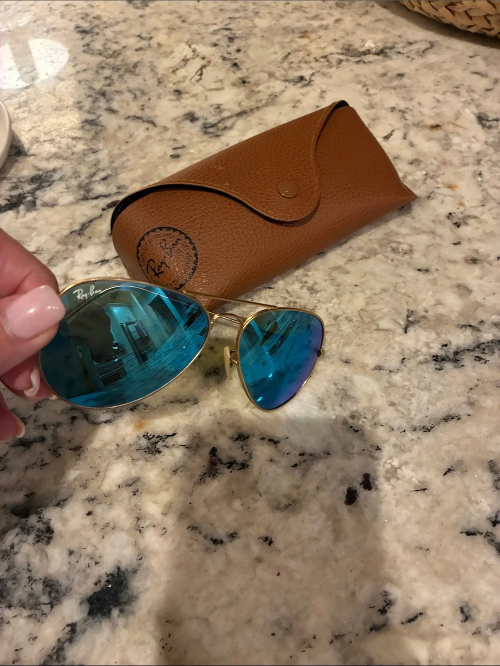 Ray-Ban Women’s Round Sunglasses with Blue Mirrored Lenses and Gold Frame